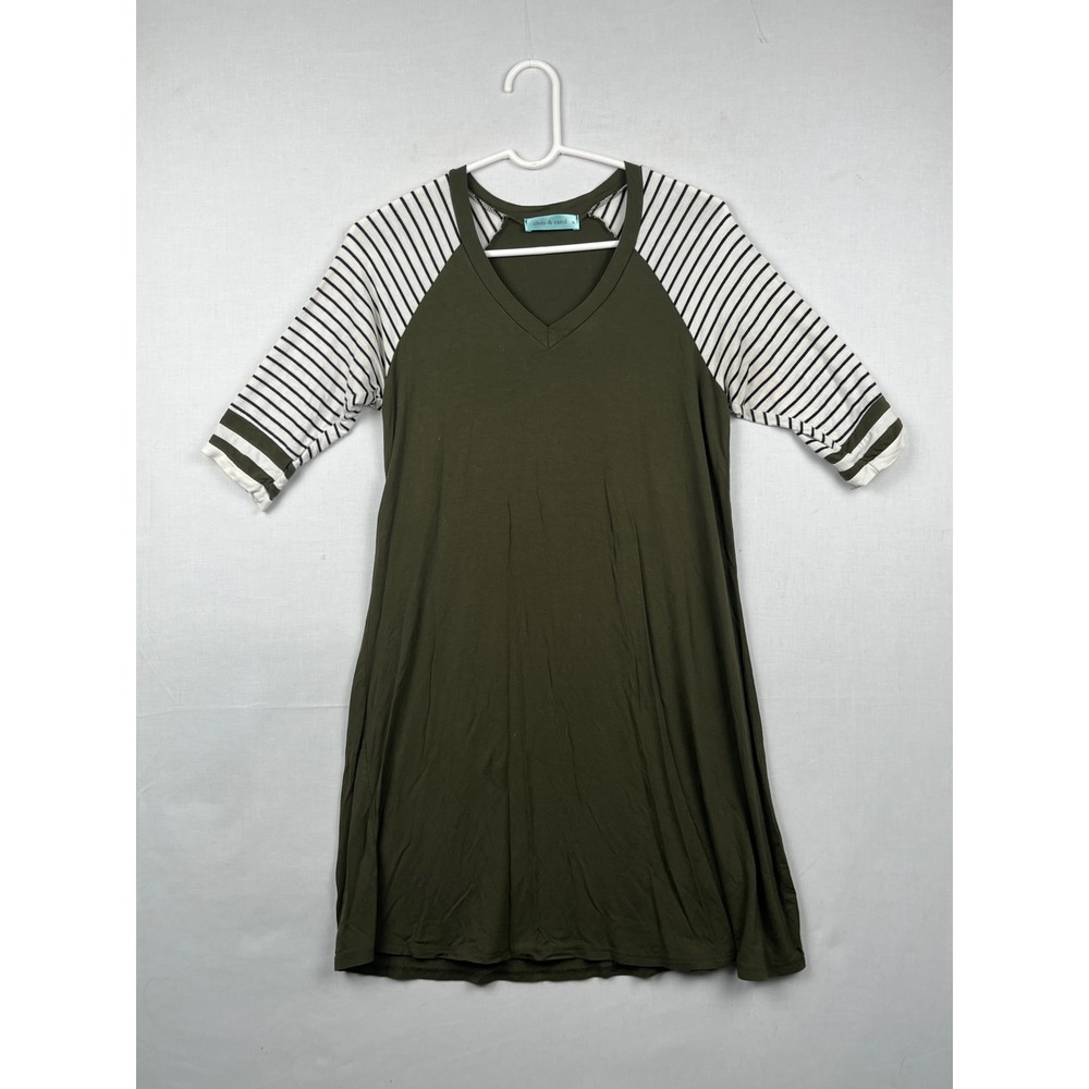 Chris & Carol T-Shirt Dress Womens Medium Raglan Stripe Sleeve Olive Green M